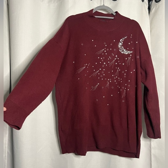Torrid Burgundy Maroon Silver Sequin Moon Mock Neck Sweater 1X - Picture 7 of 11